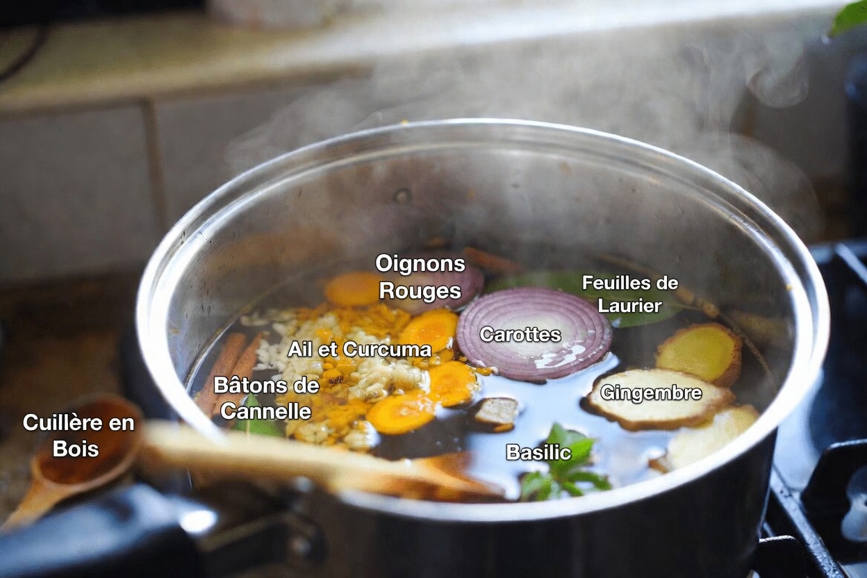 Découvrez ce mélange de thé facile à préparer pour le matin et après le dîner avec de l’ail, du curcuma, de l’oignon, du gingembre, de la cannelle et des feuilles de goyavier