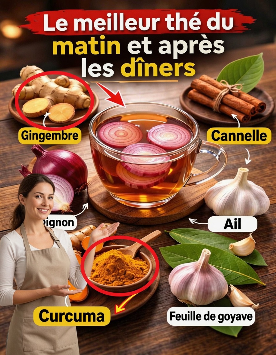 Découvrez cette recette populaire de thé du matin et d’après-dîner au gingembre, curcuma, oignon, ail, cannelle et feuille de goyave