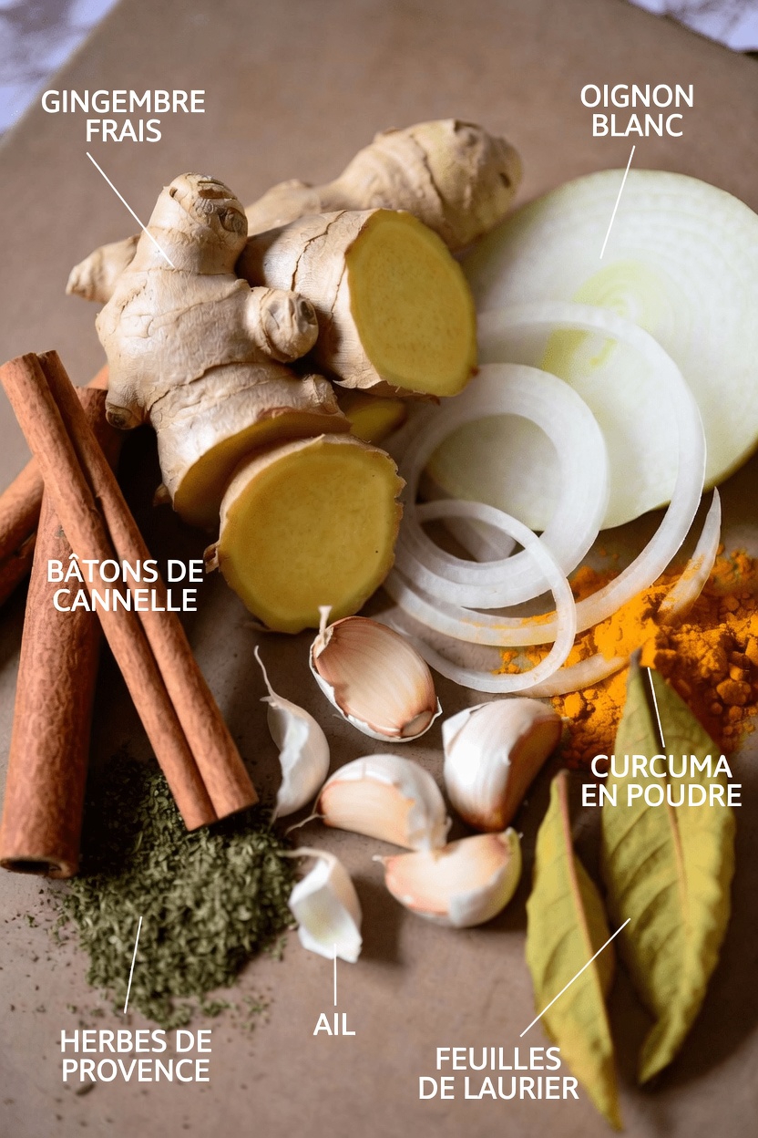 Découvrez cette simple recette de tisane aux herbes avec du gingembre, de la cannelle, de l’oignon, de l’ail, du curcuma et des feuilles de goyavier pour le matin et le soir