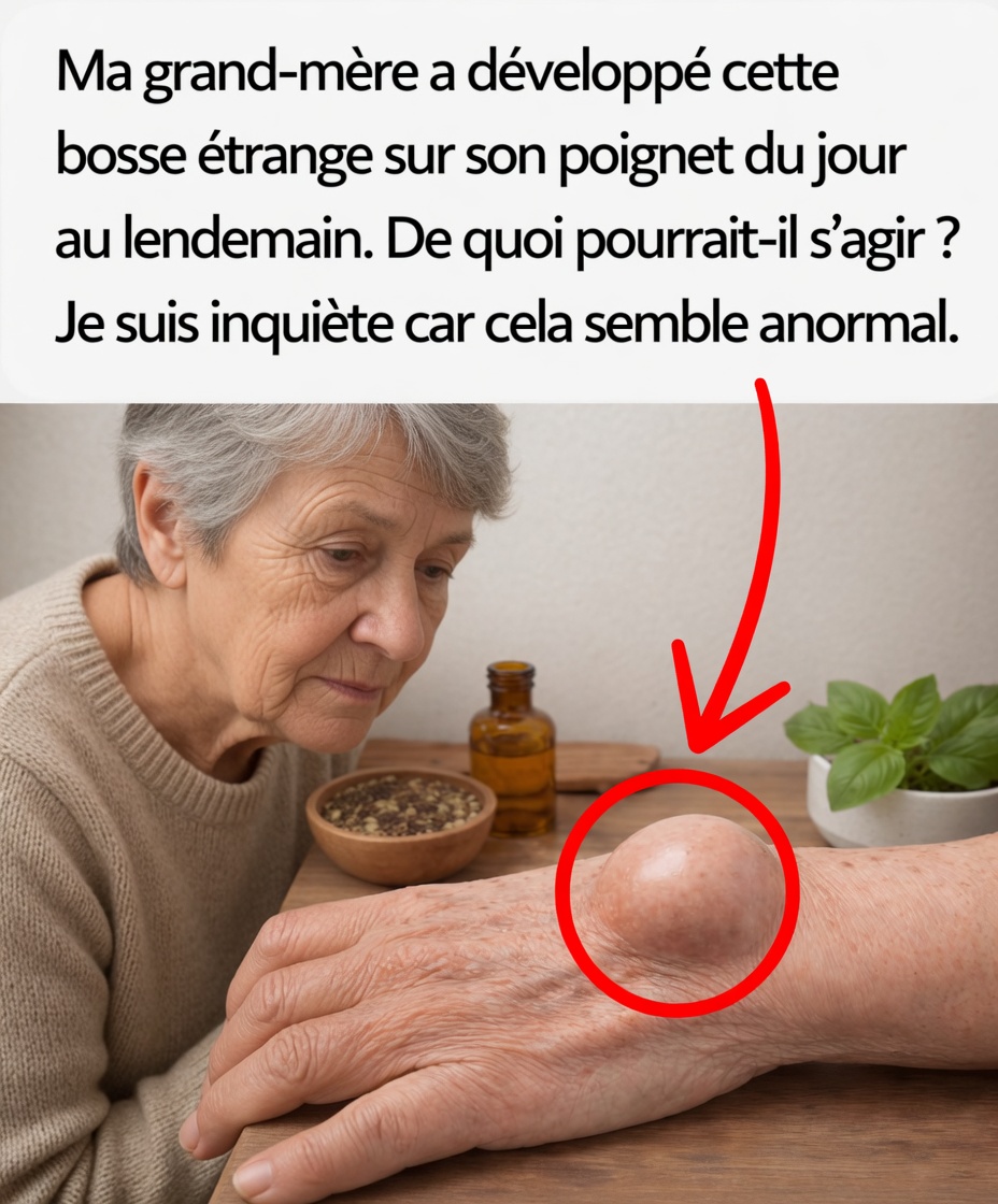 Ma grand-mère a développé cette étrange grosseur au poignet du jour au lendemain. Qu’est-ce que cela pourrait être ? Je suis inquiet/inquiète car cela a l’air anormal.