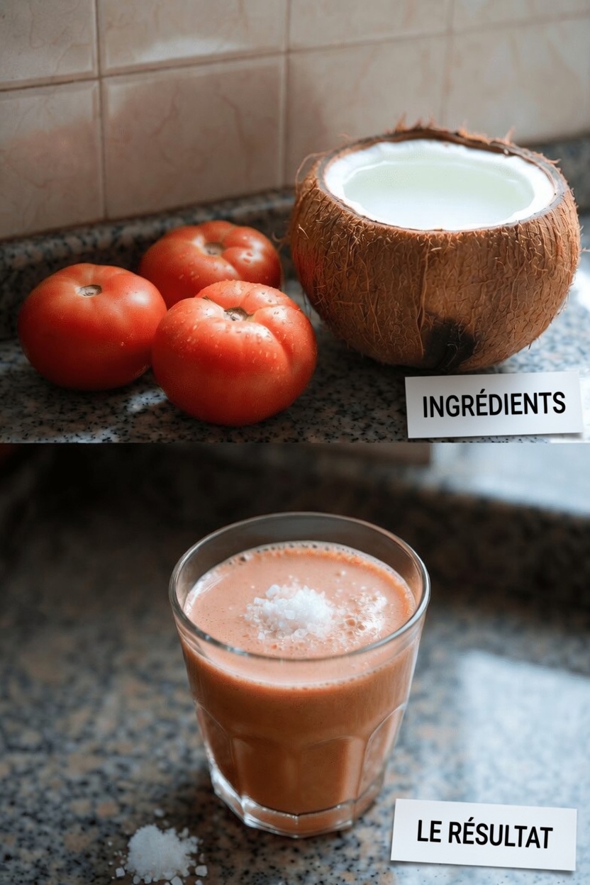 Boisson naturelle simple à base de tomate et d’eau de coco pour soutenir la santé des reins, des voies urinaires et de la prostate